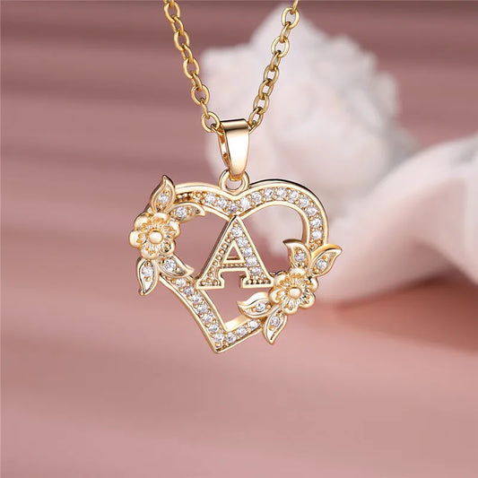 A-Z Letter Flower Heart Pendant Necklace