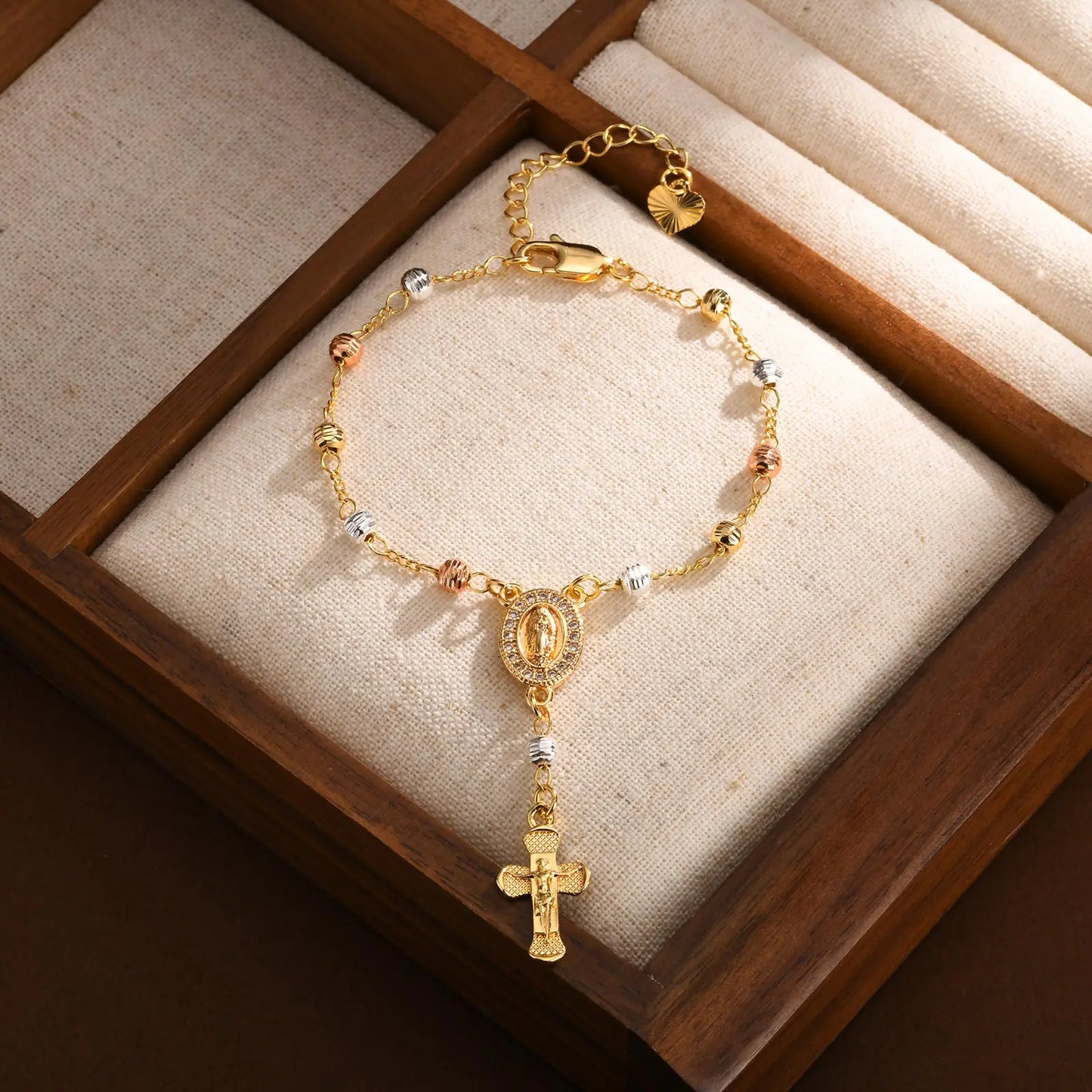 Tir-Color Rosary Cross Bead Charm Bracelet