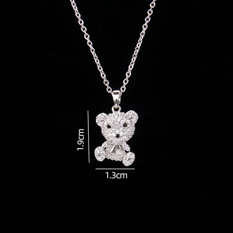 Stainless Steel Necklace With A Shiny Zircon Bear Pendant